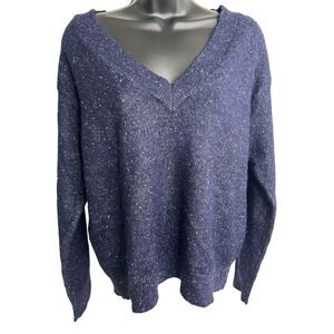 Hiatus Sweater Womens XL Navy Blue V Neck Pullover Speckled Knit Stretch Soft